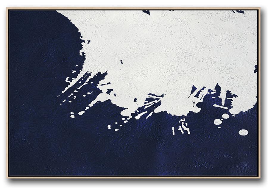 Contemporary Wall Art,Horizontal Abstract Painting Navy Blue Minimalist Painting On Canvas,Acrylic Minimailist Painting